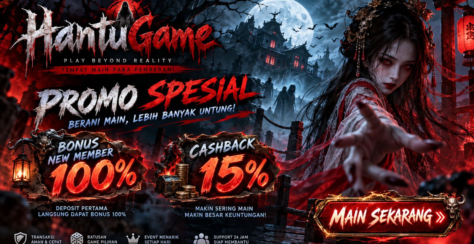 Banner HANTUGAME — ilustrasi layanan dan kategori permainan